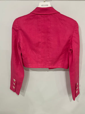 Chanel 95P Vintage Barbie Pink Linen Mini Dress and Cropped Jacket Set with Gold CC Logo Buttons Size FR 38 (UK 10)
