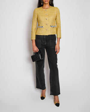 Chanel 23/C Yellow Collarless Tweed Button Down Jacket with Checkered Sequin Pocket Detail Size FR 38 (UK 10)