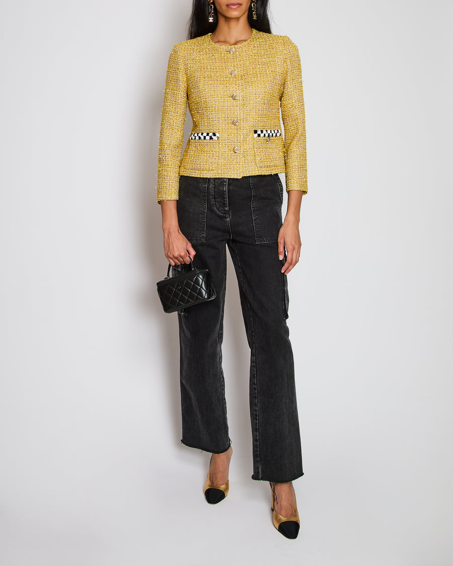 Chanel 23/C Yellow Collarless Tweed Button Down Jacket with Checkered Sequin Pocket Detail Size FR 38 (UK 10)