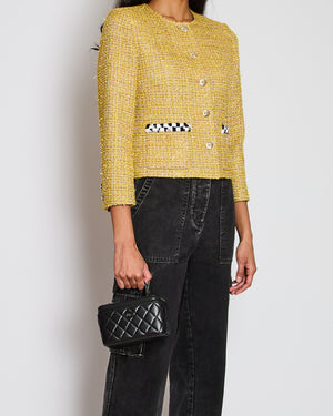 Chanel 23/C Yellow Collarless Tweed Button Down Jacket with Checkered Sequin Pocket Detail Size FR 38 (UK 10)