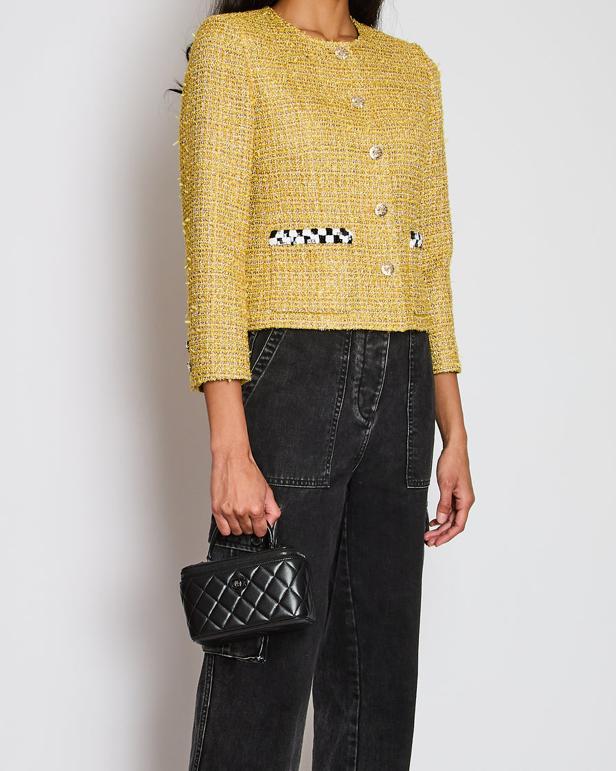 Chanel 23/C Yellow Collarless Tweed Button Down Jacket with Checkered Sequin Pocket Detail Size FR 38 (UK 10)