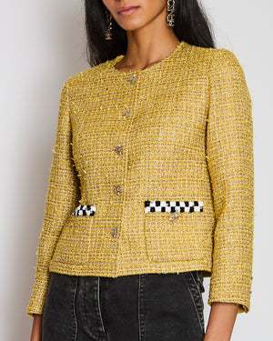 Chanel 23/C Yellow Collarless Tweed Button Down Jacket with Checkered Sequin Pocket Detail Size FR 38 (UK 10)