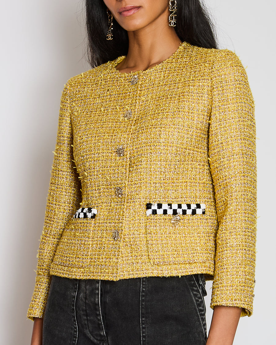 Chanel 23/C Yellow Collarless Tweed Button Down Jacket with Checkered Sequin Pocket Detail Size FR 38 (UK 10)