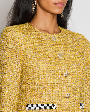 Chanel 23/C Yellow Collarless Tweed Button Down Jacket with Checkered Sequin Pocket Detail Size FR 38 (UK 10)