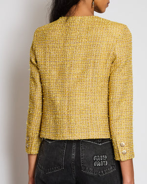 Chanel 23/C Yellow Collarless Tweed Button Down Jacket with Checkered Sequin Pocket Detail Size FR 38 (UK 10)