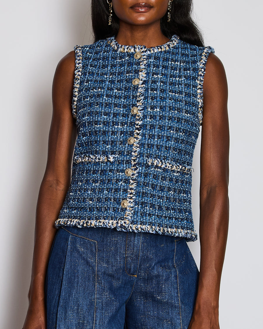 Chanel 25/A Blue Sleeveless Tweed Vest with Braided Trim Detail Size FR 36 (UK 8)