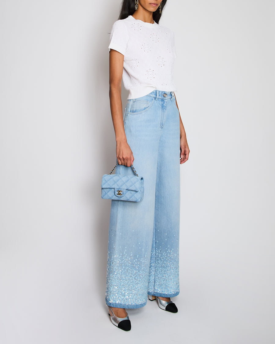 Chanel 25/C Blue Denim Wide Leg High-Waist Jeans with Sequin Waterfall Detail Size FR 36 (UK 8)