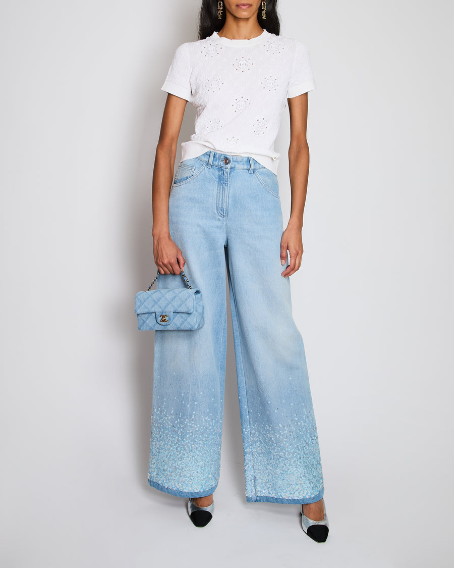 Chanel 25/C Blue Denim Wide Leg High-Waist Jeans with Sequin Waterfall Detail Size FR 36 (UK 8)