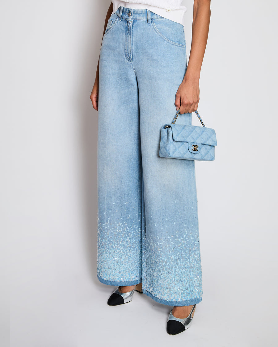 Chanel 25/C Blue Denim Wide Leg High-Waist Jeans with Sequin Waterfall Detail Size FR 36 (UK 8)