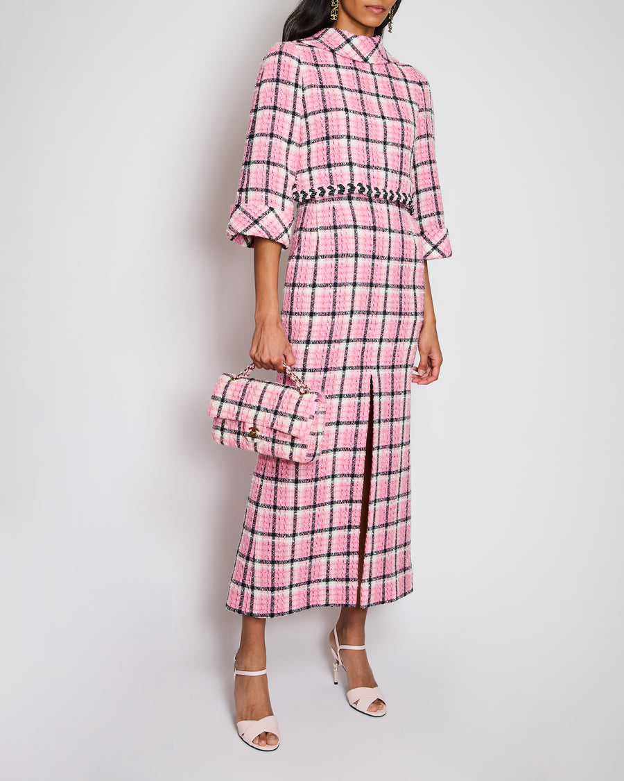 Chanel 24/S Pink Long Sleeve Plaid Tweed Maxi Dress with Split Detail Size FR 36 (UK 8)