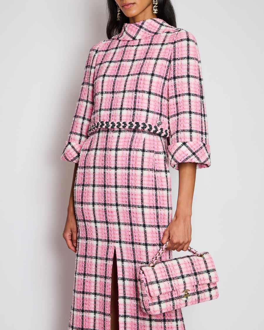 Chanel 24/S Pink Long Sleeve Plaid Tweed Maxi Dress with Split Detail Size FR 36 (UK 8)