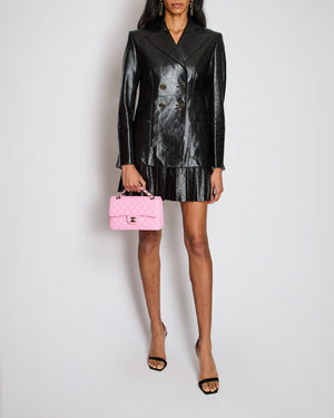 Chanel 23/P Black Leather Double Breasted Jacket with Logo Striped Lining Detail Size FR 36 (UK 8)