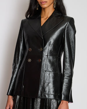 Chanel 23/P Black Leather Double Breasted Jacket with Logo Striped Lining Detail Size FR 36 (UK 8)