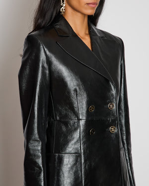 Chanel 23/P Black Leather Double Breasted Jacket with Logo Striped Lining Detail Size FR 36 (UK 8)