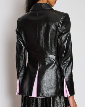 Chanel 23/P Black Leather Double Breasted Jacket with Logo Striped Lining Detail Size FR 36 (UK 8)