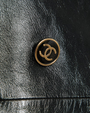 Chanel 23/P Black Leather Double Breasted Jacket with Logo Striped Lining Detail Size FR 36 (UK 8)