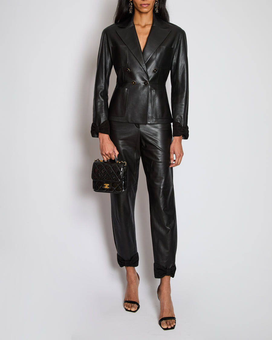 Chanel 23/P Black Leather Double Breasted Jacket with Suede Bow Sleeve Detail Size FR 38 (UK 10)