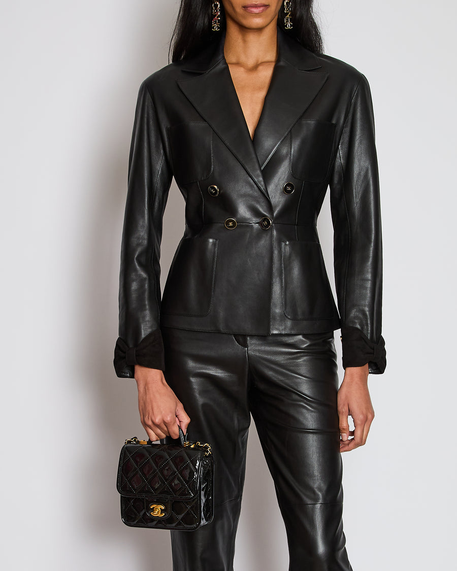 Chanel 23/P Black Leather Double Breasted Jacket with Suede Bow Sleeve Detail Size FR 38 (UK 10)