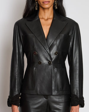 Chanel 23/P Black Leather Double Breasted Jacket with Suede Bow Sleeve Detail Size FR 38 (UK 10)