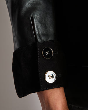 Chanel 23/P Black Leather Double Breasted Jacket with Suede Bow Sleeve Detail Size FR 38 (UK 10)