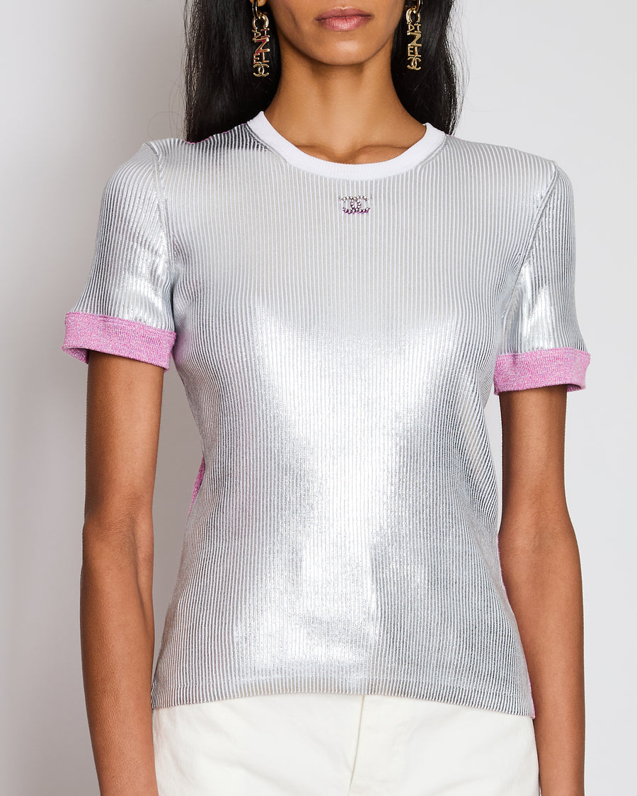 Chanel Metallic Silver CC Ribbed T-Shirt Size FR 40 (UK 12)