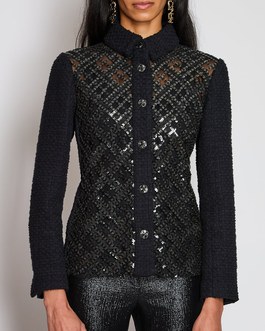 *RUNWAY* Chanel 23/S Black Sequin Checkered Tweed Jacket with CC Button Detail Size FR 36 (UK 8)