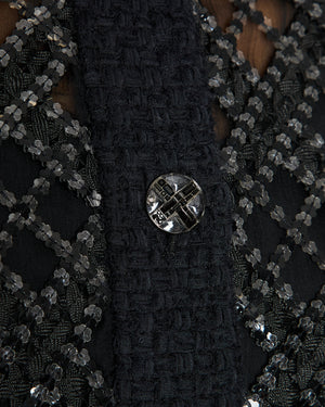*RUNWAY* Chanel 23/S Black Sequin Checkered Tweed Jacket with CC Button Detail Size FR 36 (UK 8)