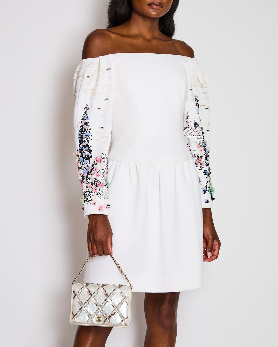 Chanel 22/C White Off-Shoulder Sequin CC Sleeve Bustier Dress Size FR 36 (UK 8)