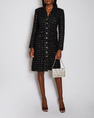 Chanel 22/K Black Collarless Sequin Button Down Cashmere Coat Size FR 38 (UK 10)