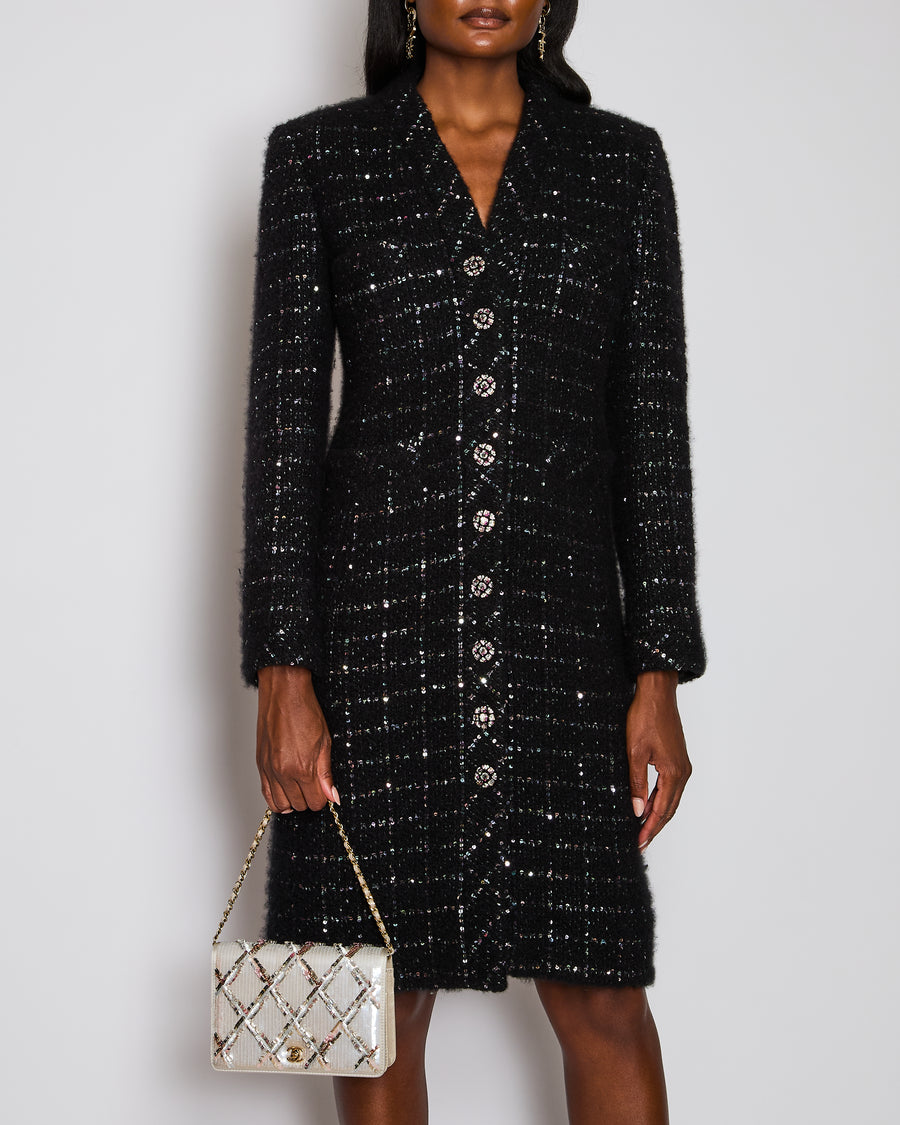 Chanel 22/K Black Collarless Sequin Button Down Cashmere Coat Size FR 38 (UK 10)