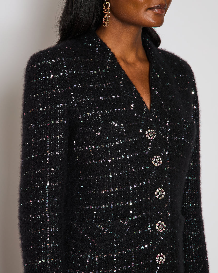 Chanel 22/K Black Collarless Sequin Button Down Cashmere Coat Size FR 38 (UK 10)