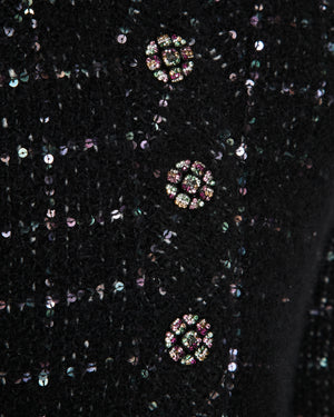 Chanel 22/K Black Collarless Sequin Button Down Cashmere Coat Size FR 38 (UK 10)