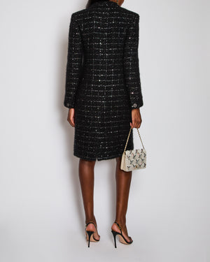 Chanel 22/K Black Collarless Sequin Button Down Cashmere Coat Size FR 38 (UK 10)