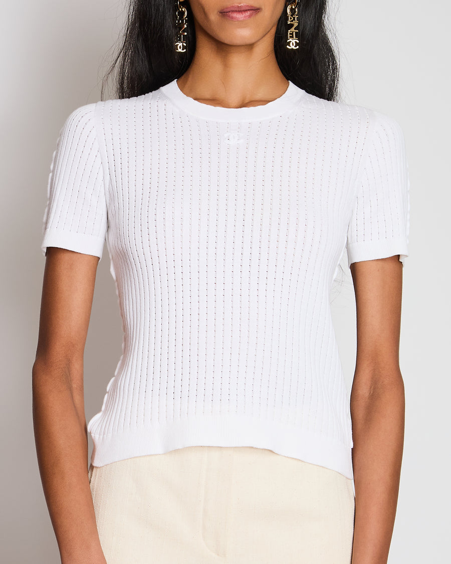 Chanel White Ribbed Short Sleeve T-Shirt with CC Logo Detail Size FR 40 (UK 12)