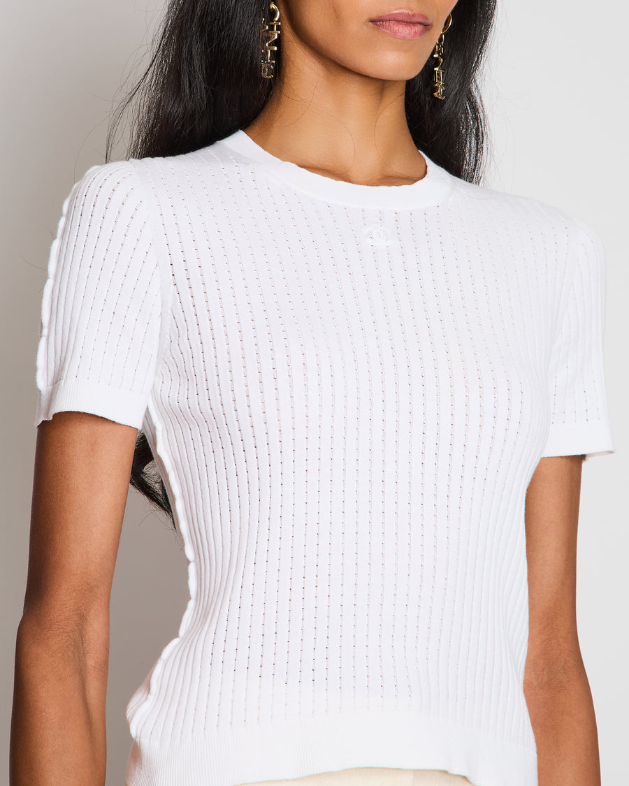 Chanel White Ribbed Short Sleeve T-Shirt with CC Logo Detail Size FR 40 (UK 12)