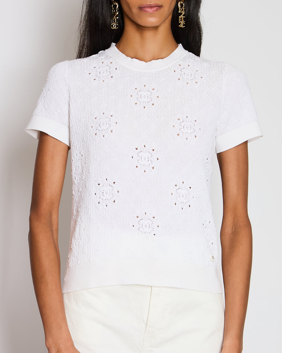 Chanel White CC Knitted Diamond Pattern T-Shirt Size FR 38 (UK 10)