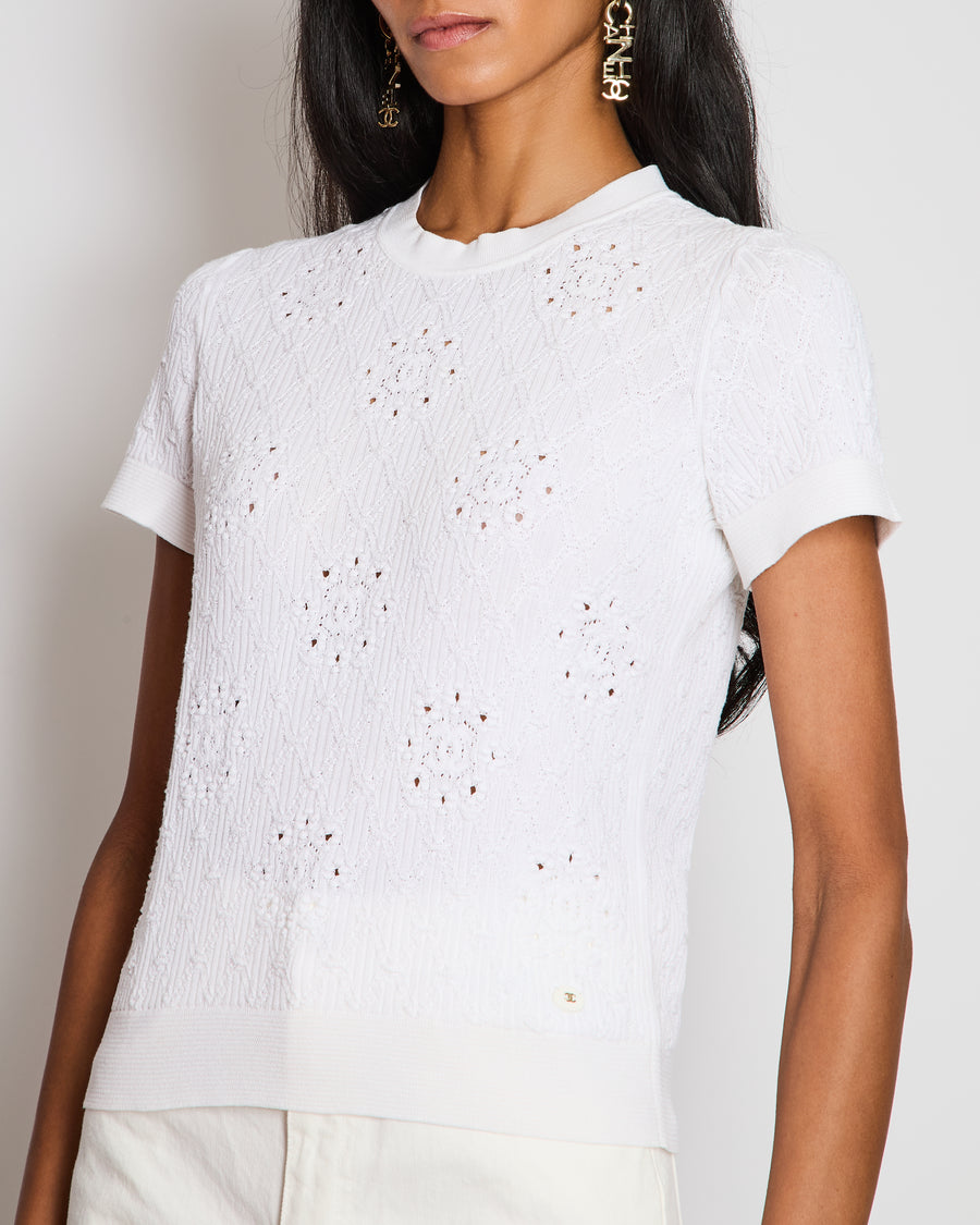 Chanel White CC Knitted Diamond Pattern T-Shirt Size FR 38 (UK 10)