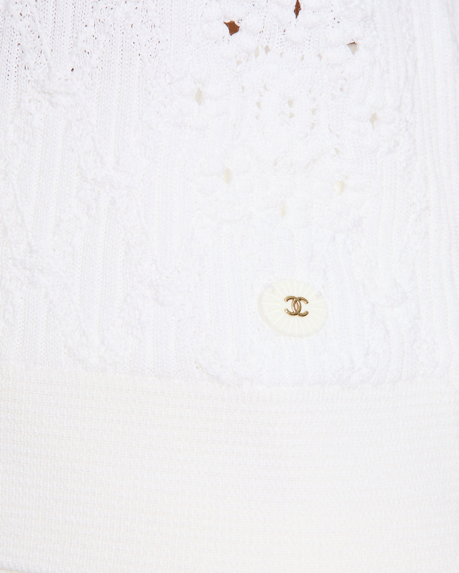 Chanel White CC Knitted Diamond Pattern T-Shirt Size FR 38 (UK 10)