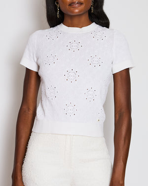 Chanel White CC Logo Knitted Diamond Print T-Shirt Size FR 36 (UK 8)