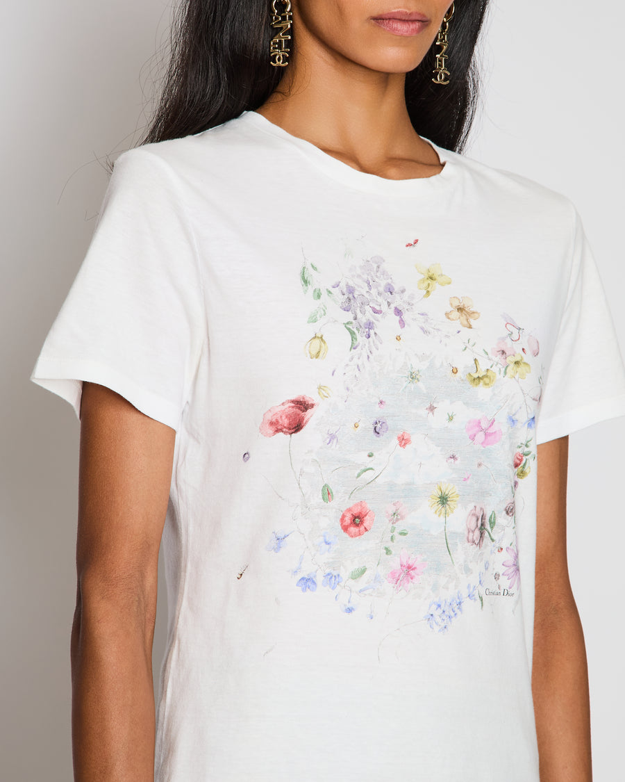 Christian Dior White Floral Print Logo T-Shirt Size FR 36 (UK 8)