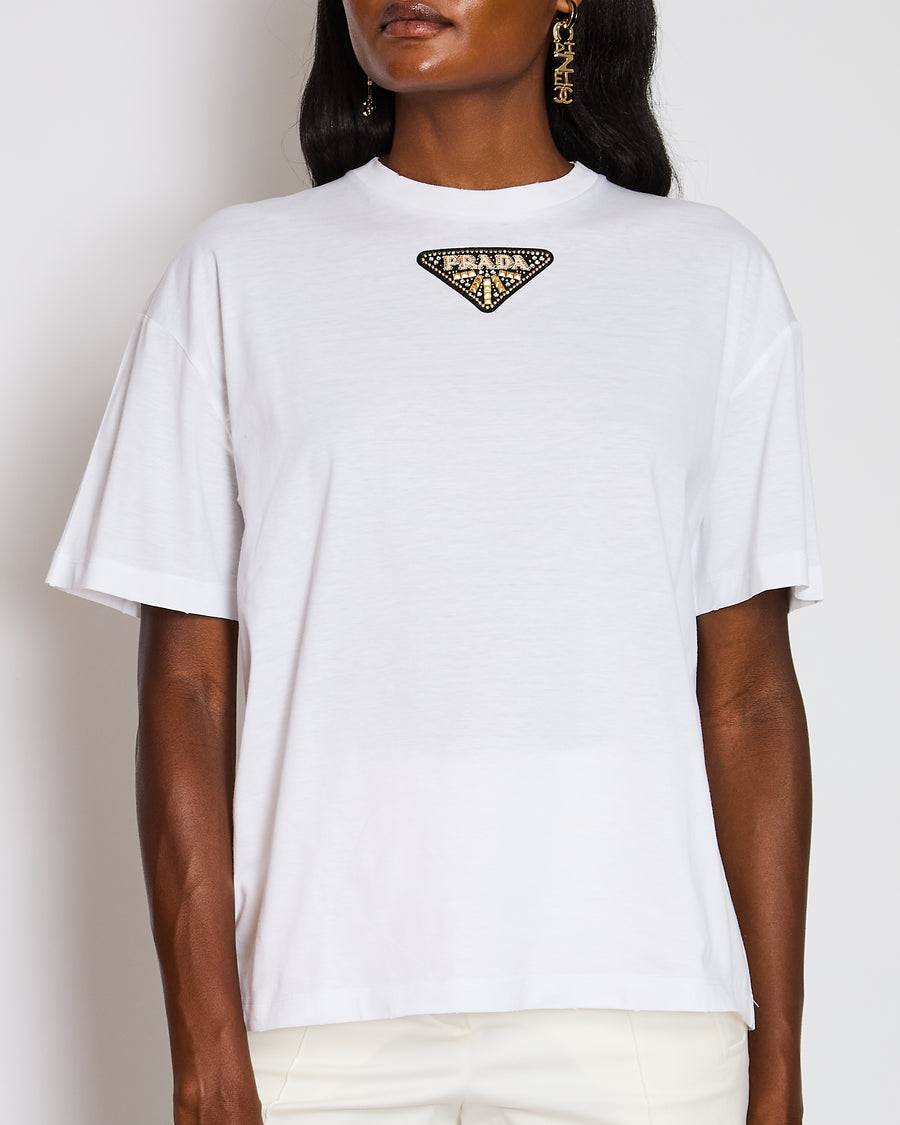 Prada White Embellished Logo Plaque T-Shirt Size XS (UK 6)