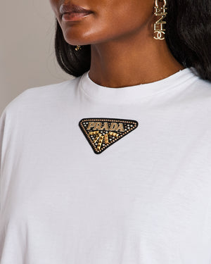 Prada White Embellished Logo Plaque T-Shirt Size XS (UK 6)