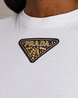 Prada White Embellished Logo Plaque T-Shirt Size XS (UK 6)