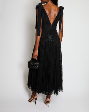 Elie Saab Black Floral Lace Maxi Dress with Shoulder Ribbons and Pleated Skirt Size FR 40 (UK 12)