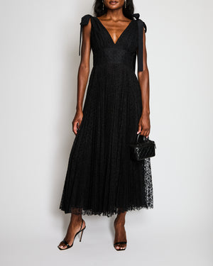 Elie Saab Black Floral Lace Maxi Dress with Shoulder Ribbons and Pleated Skirt Size FR 40 (UK 12)