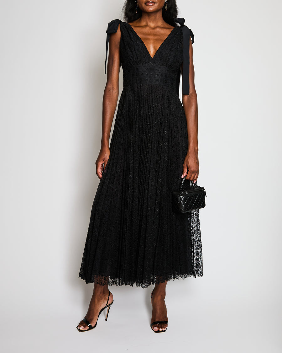 Elie Saab Black Floral Lace Maxi Dress with Shoulder Ribbons and Pleated Skirt Size FR 40 (UK 12)