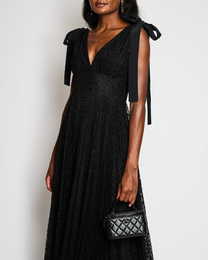 Elie Saab Black Floral Lace Maxi Dress with Shoulder Ribbons and Pleated Skirt Size FR 40 (UK 12)
