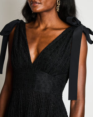 Elie Saab Black Floral Lace Maxi Dress with Shoulder Ribbons and Pleated Skirt Size FR 40 (UK 12)