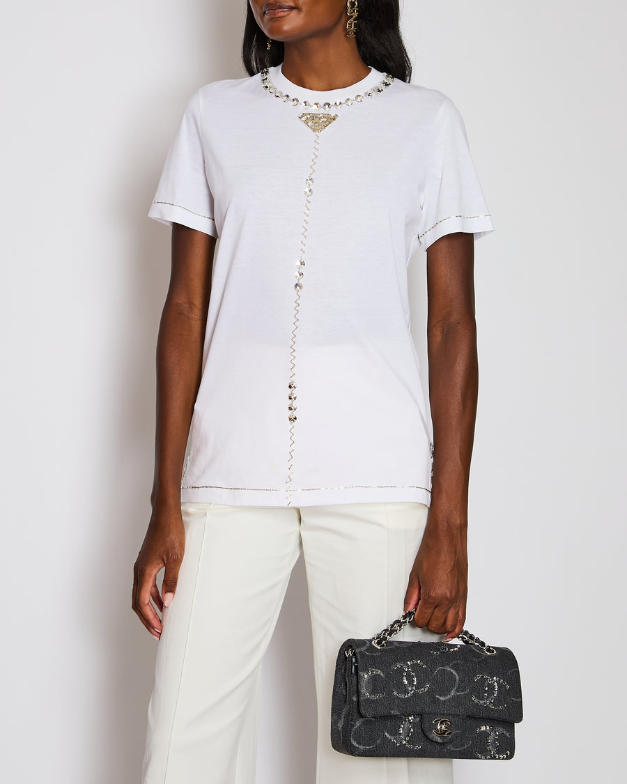 Prada White T-Shirt with Silver Embellishment Detail IT 40 (UK 8)