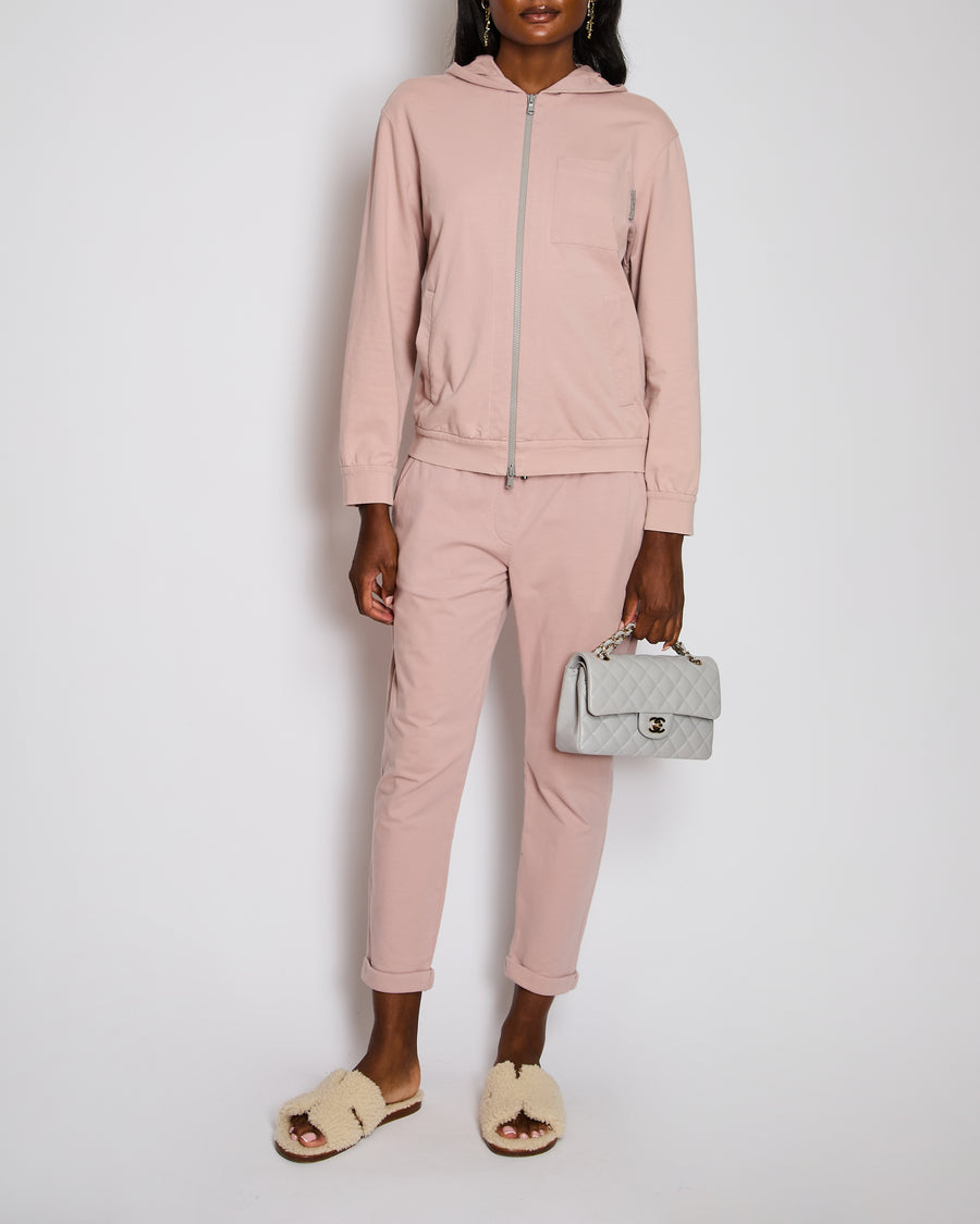 Brunello Cucinelli Pink Hooded Tracksuit Set with Silver Detail Size IT 40 (UK 8)